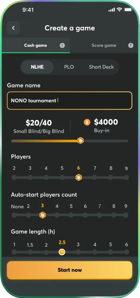 BC Poker create game interface showing cash game setup, blinds, buy-in, player count and custom poker table configuration on mobile