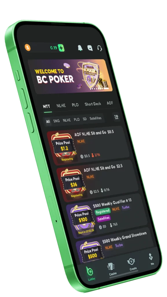 BC Poker mobile app showing tournament lobby, prize pools and Sit and Go poker formats on smartphone